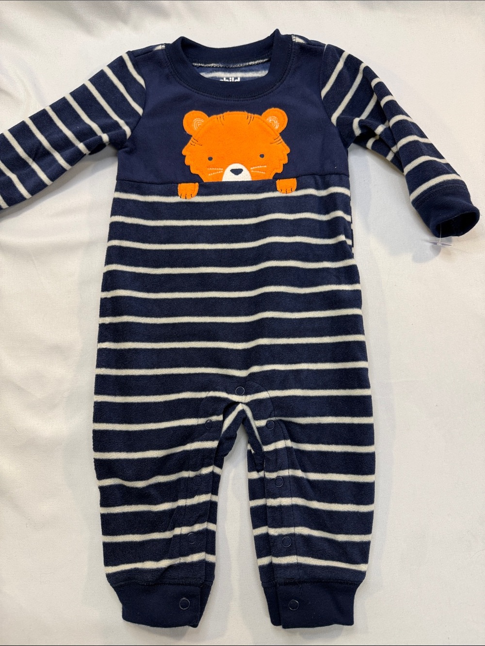 child of mine Navy and White Striped Footie with Orange Bear